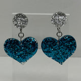 Large dangly Heart Glitter stud Earrings,  Kitsch Fun,  5.5 cm long