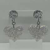 Large dangly Heart Glitter stud Earrings,  Kitsch Fun,  5.5 cm long