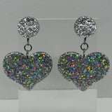 Large dangly Heart Glitter stud Earrings,  Kitsch Fun,  5.5 cm long