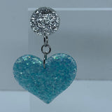 Large dangly Heart Glitter stud Earrings,  Kitsch Fun,  5.5 cm long
