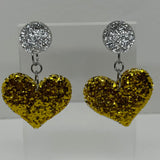 Large dangly Heart Glitter stud Earrings,  Kitsch Fun,  5.5 cm long