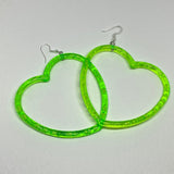 Lots of colours. Huge heart hoop plastic silver charm oversized heart Acrylic Earrings Kitsch Fun 9.5 cm Long