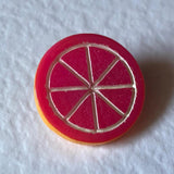 Small 2.7cm Fruit slice brooch made from resin.  badge pin . Roll safety catch. Pick your fruit