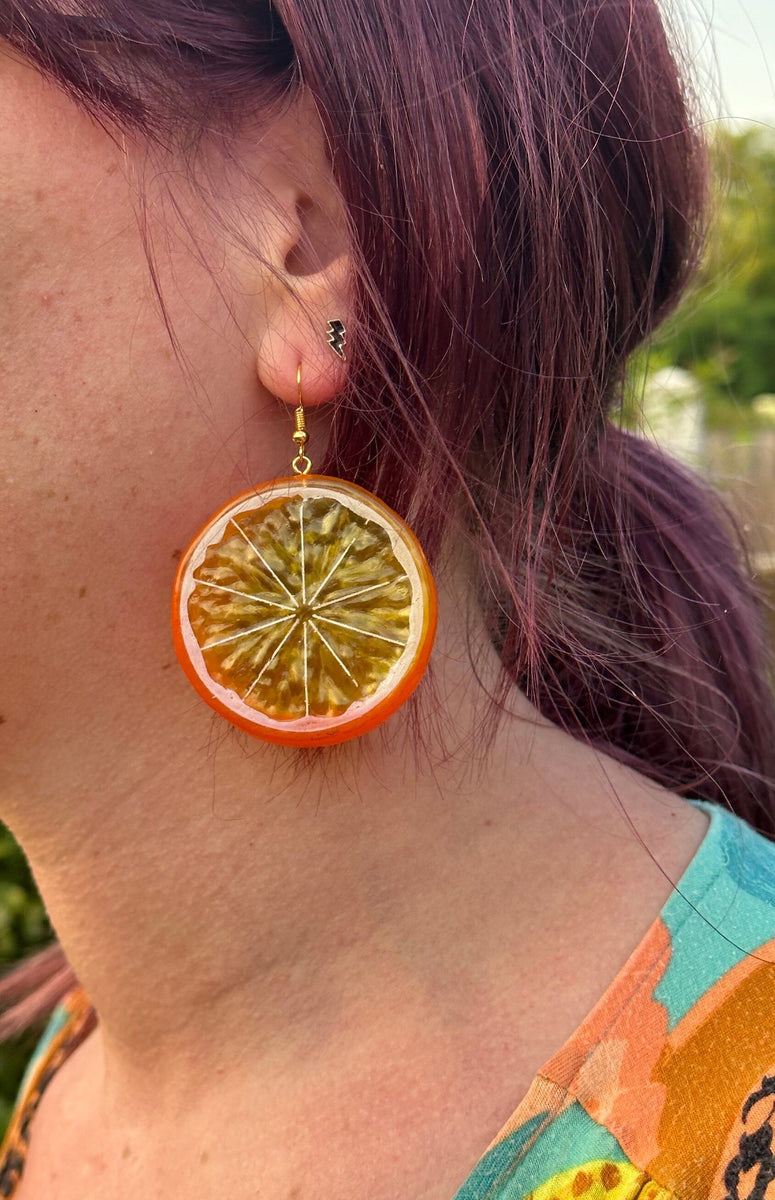 Extra large Orange fruit Acrylic earrings silver or gold col