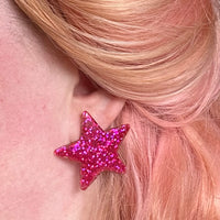 1 pair of Large star Glitter stud Earrings,  Kitsch Fun,  3.5 cm 35mm