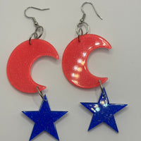 Lots of colours , Large crescent moon and star Glitter Earrings,  10cm Long