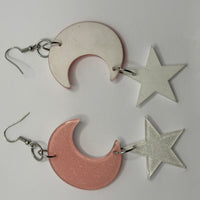 Lots of colours , Large crescent moon and star Glitter Earrings,  10cm Long
