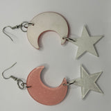 Lots of colours , Large crescent moon and star Glitter Earrings,  10cm Long