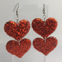 double oversized heart earrings, 8.2 cm long.  Glitter Charms Acrylic Earrings