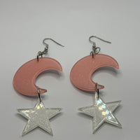 Lots of colours , Large crescent moon and star Glitter Earrings,  10cm Long