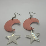 Lots of colours , Large crescent moon and star Glitter Earrings,  10cm Long
