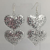 double oversized heart earrings, 8.2 cm long.  Glitter Charms Acrylic Earrings