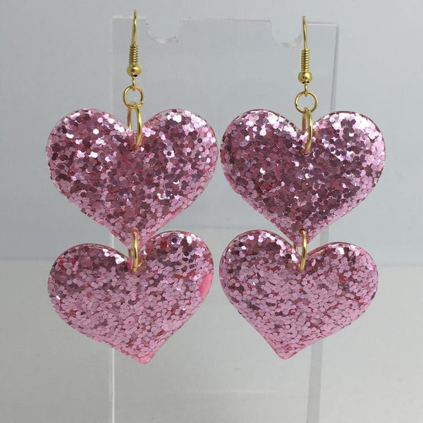 double oversized heart earrings, 8.2 cm long.  Glitter Charms Acrylic Earrings
