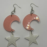Lots of colours , Large crescent moon and star Glitter Earrings,  10cm Long