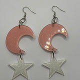 Lots of colours , Large crescent moon and star Glitter Earrings,  10cm Long