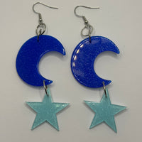 Lots of colours , Large crescent moon and star Glitter Earrings,  10cm Long