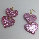 double oversized heart earrings, 8.2 cm long.  Glitter Charms Acrylic Earrings