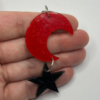 Lots of colours , Large crescent moon and star Glitter Earrings,  10cm Long