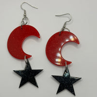 Lots of colours , Large crescent moon and star Glitter Earrings,  10cm Long