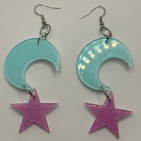 Lots of colours , Large crescent moon and star Glitter Earrings,  10cm Long