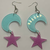 Lots of colours , Large crescent moon and star Glitter Earrings,  10cm Long