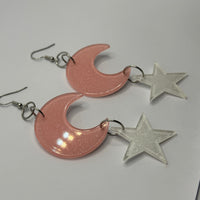 Lots of colours , Large crescent moon and star Glitter Earrings,  10cm Long