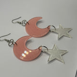 Lots of colours , Large crescent moon and star Glitter Earrings,  10cm Long