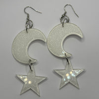 Lots of colours , Large crescent moon and star Glitter Earrings,  10cm Long