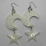 Lots of colours , Large crescent moon and star Glitter Earrings,  10cm Long