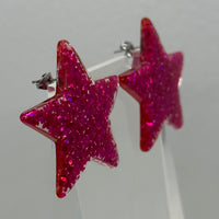 1 pair of Large star Glitter stud Earrings,  Kitsch Fun,  3.5 cm 35mm