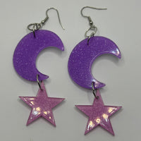 Lots of colours , Large crescent moon and star Glitter Earrings,  10cm Long