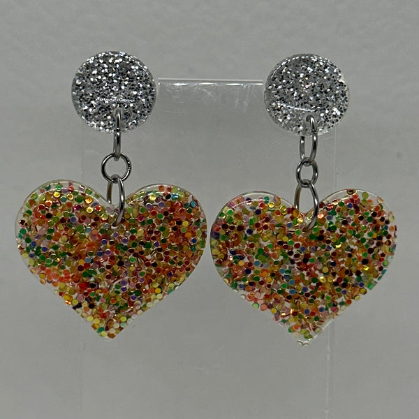 Large dangly Heart Glitter stud Earrings,  Kitsch Fun,  5.5 cm long