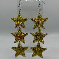 Lots of colours, Triple  glitter star earrings, hooks. 13 cm long Jess stars