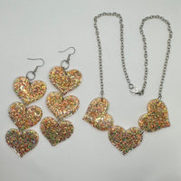 Triple heart oversized heart Acrylic Earrings and necklace set Kitsch Fun 11.5 cm Long 22 inches