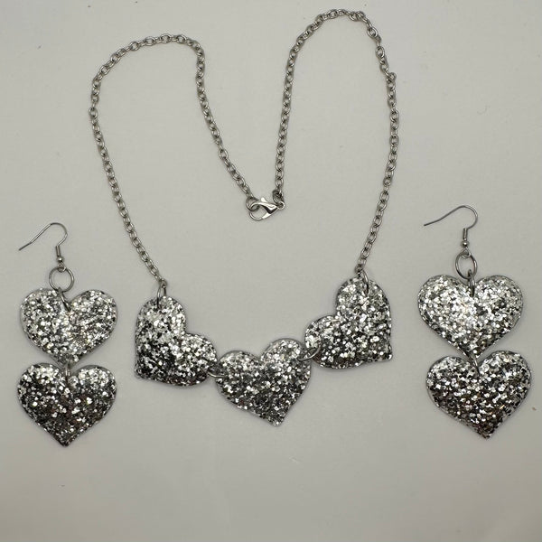 Double oversized heart Glitter Charms Acrylic Earrings and necklace set Kitsch Fun 8 cm Long 22 inches