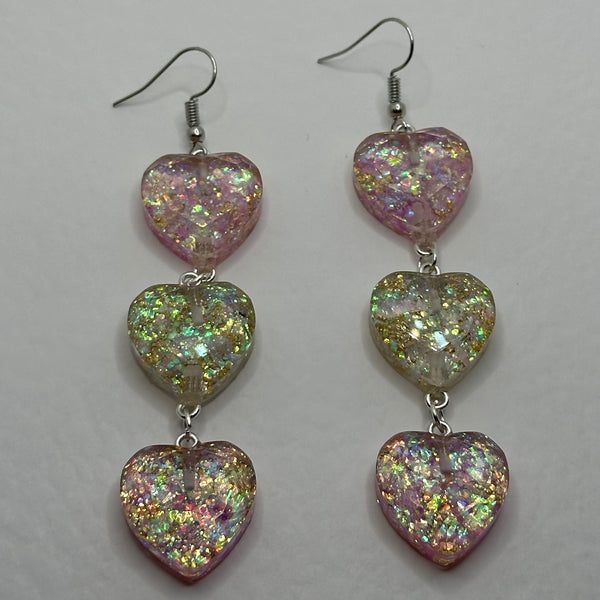 1 pair of fairy dust heart earrings, Large Resin 4 cm to 9.5 Long