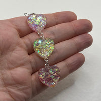 1 pair of fairy dust heart earrings, Large Resin 4 cm to 9.5 Long