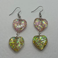 1 pair of fairy dust heart earrings, Large Resin 4 cm to 9.5 Long