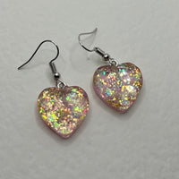 1 pair of fairy dust heart earrings, Large Resin 4 cm to 9.5 Long