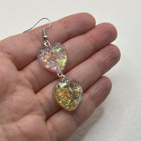 1 pair of fairy dust heart earrings, Large Resin 4 cm to 9.5 Long