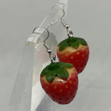 3D strawberry Kitch fruit charm red earrings silver colour hooks large 5 cm to 12.5 cm long