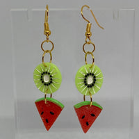 Small Fruit Salad Earrings ,Kitsch earrings on Hooks, 7 cm long. Kiwi watermelon