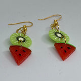 Small Fruit Salad Earrings ,Kitsch earrings on Hooks, 7 cm long. Kiwi watermelon