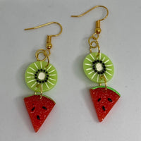 Small Fruit Salad Earrings ,Kitsch earrings on Hooks, 7 cm long. Kiwi watermelon