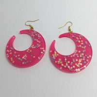 Lots of colours , Large crescent moon,  Glitter Earrings,  7cm Long