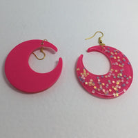 Lots of colours , Large crescent moon,  Glitter Earrings,  7cm Long