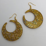 Lots of colours , Large crescent moon,  Glitter Earrings,  7cm Long