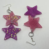 Double oversized Star Glitter Earrings,  Kitsch Fun 10cm long Amelia