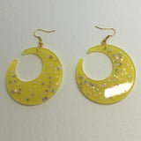 Lots of colours , Large crescent moon,  Glitter Earrings,  7cm Long