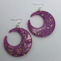 Lots of colours , Large crescent moon,  Glitter Earrings,  7cm Long